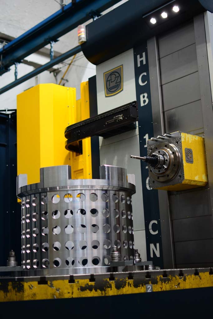 TDZ HCB 110 CNC horizontal boring mill machining a perforated cylindrical drum