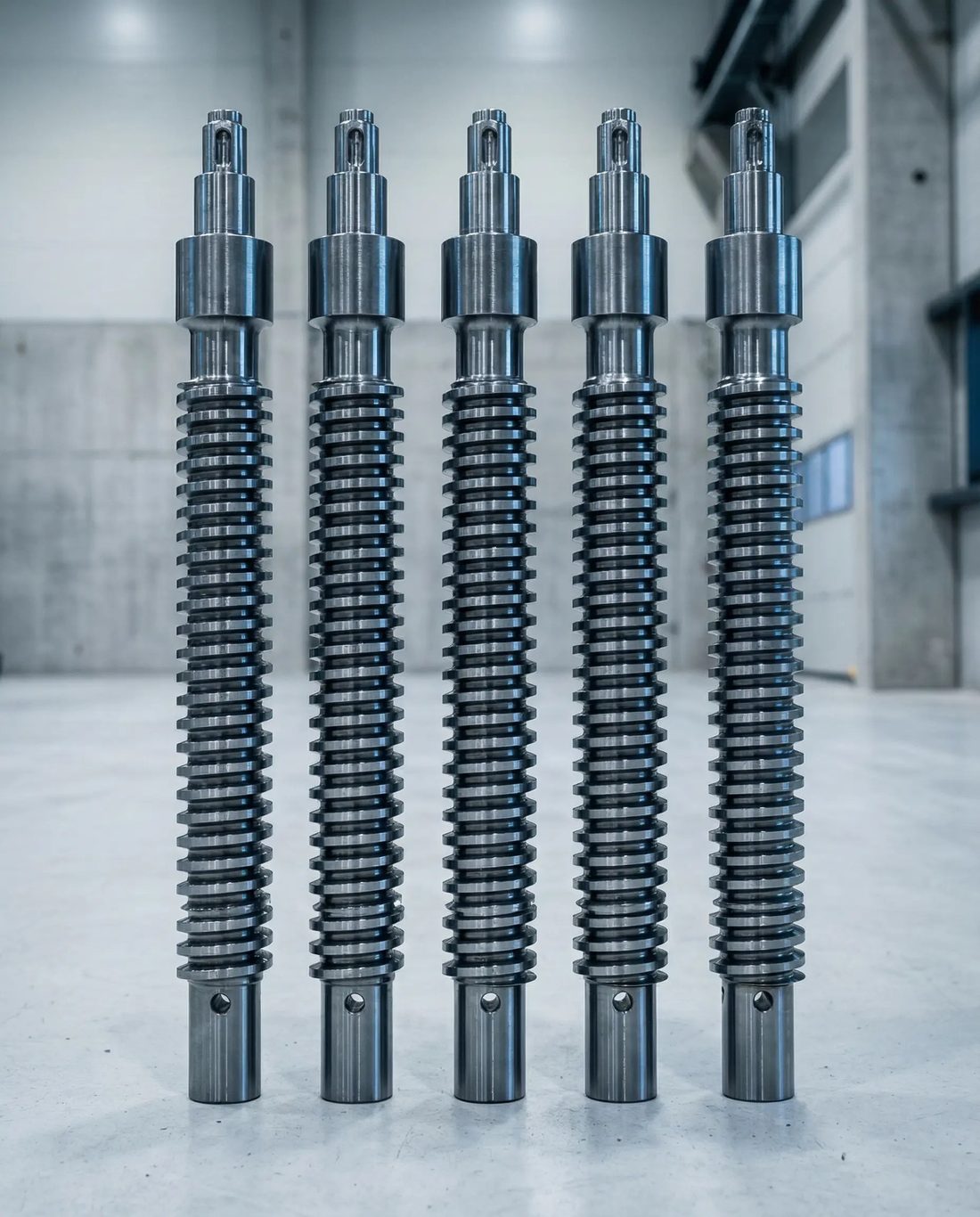 Five identical machined worm shafts from one production series