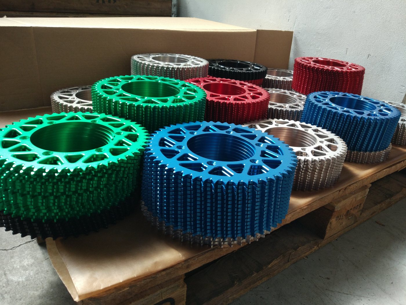 Painted ring gears stacked after finishing
