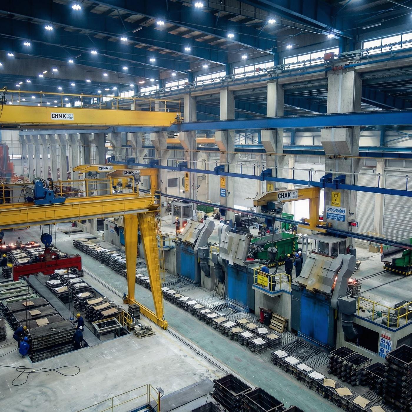 Wide view of a foundry and machining bay with gantry cranes