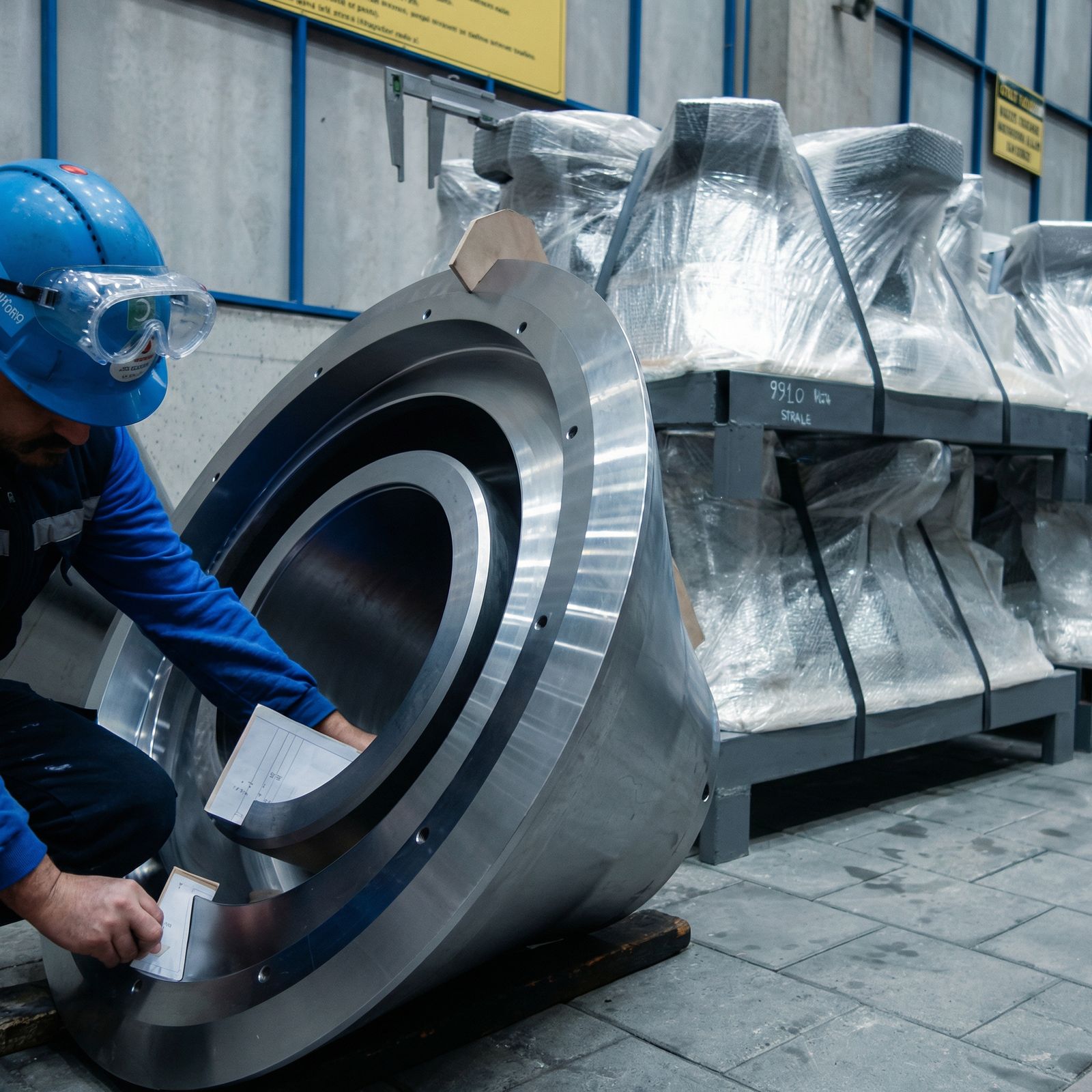 Inspector recording identification on a large machined component before dispatch
